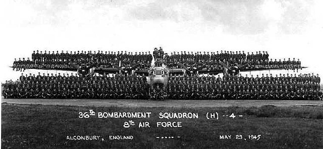 Group photo of the 36th Bombardment Squadron, Alconbury Airfield, England, May 1945