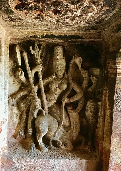 File:6th century Ravanaphadi cave temple Shaktism, Durga spearing Mahisha buffalo demon, Aihole Hindu monuments Karnataka.jpg