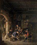 Peasants in an inn label QS:Len,"Peasants in an inn" label QS:Lpl,"Chłopi w gospodzie" label QS:Lnl,"Boeren in een herberg" 1662. oil on panelmedium QS:P186,Q296955;P186,Q106857709,P518,Q861259. 47.5 × 39 cm (18.7 × 15.3 in). The Hague, Royal Picture Gallery Mauritshuis.