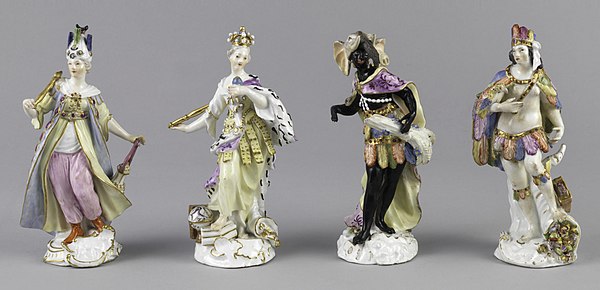 Set of porcelain figures of personifications of the four continents, German, c. 1775, from left: Asia, Europe, Africa, and America. Of these, Africa h