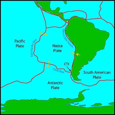 Chile at the intersection between the Nazca and South American plates, with arrows depicting directionality of plate movements