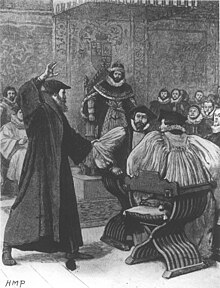 Victorian depiction of Andrew Melville challenging bishops at the court of James VI Andrew Melville upbraids a bishop at the court of James VI.jpg