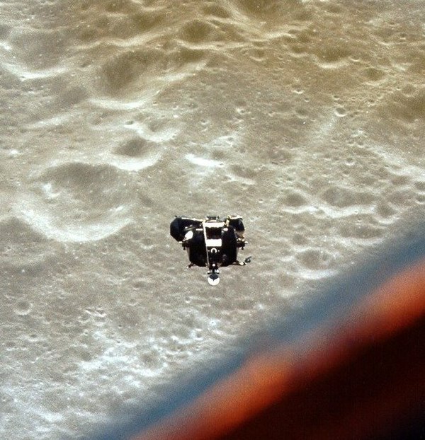 Apollo 10's Lunar Module, Snoopy, approaches the Command and Service Module Charlie Brown for redocking