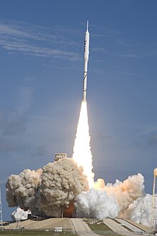 Ares I-X launches from LC-39B, 15:30 UTC, October 28, 2009. The dramatic yaw maneuver to clear the launch tower is evident in the photo. Ares I-X launch 08.jpg