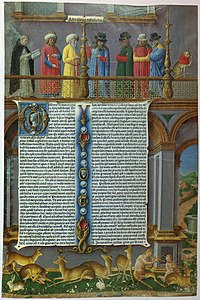 The beginning of Aristotle's Metaphysics in an incunabulum decorated with hand-painted miniatures. Aristotle, Metaphysics, Incunabulum.jpg