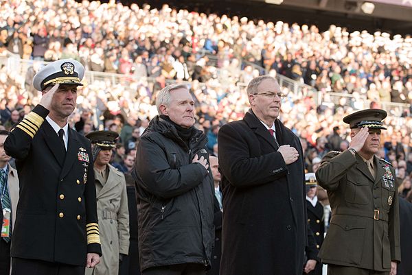 Adm. John M. Richardson, Sec. Ray Mabus, Deputy Sec. Work, and Gen. Robert Neller at the 117th Army-Navy Game, December 2016.