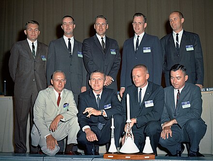 NASA Astronaut Group 2: Back row: Elliot M. See (died in Gemini training), McDivitt, Lovell, White, Stafford. Front row: Conrad, Borman, Armstrong, Young