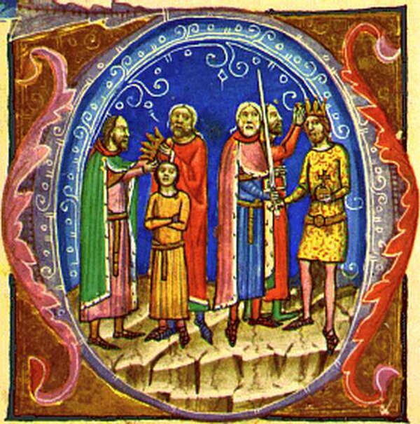 Solomon is deprived of the crown, and his uncle, Béla is crowned king (from the Illuminated Chronicle).