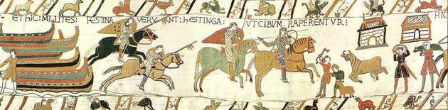 The Bayeux Tapestry depicts William the Conqueror's knights seizing food from English peasants. The Domesday Book of 1086 recorded at least 12% of people as free, 30% as serfs, 35% as servient bordars and cottars, and 9% as slaves. Bayeux Tapestry, scene 40.png