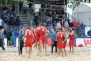 Deutsch: Beachhandball Europameisterschaften 2019 (Beach handball Euro); Tag 6: 7. Juli 2019 – Spiel um Platz Drei, Männer, Ungarn-Russland 2:0 (26:20, 23:22) English: Beach handball Euro; Day 6: 7 July 2019 – Men's Bronze Medal Match – Hungary-Russia 2:0 (26:20, 23:22)