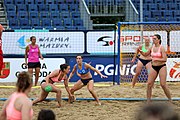 Deutsch: Beachhandball Europameisterschaften 2019 (Beach handball Euro); Tag 5: 6. Juli 2019 – Frauen, Platzierungsspiel für die Ränge 17–20, Nordmazedonien-Slowenien 0:2 (10:13, 9:15) English: Beach handball Euro; Day 5: 6 July 2019 – Placement Match/Cross Match for rank 17–20 Women – North Macedonia-Slovenia 0:2 (10:13, 9:15)