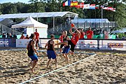 Deutsch: Beachhandball Europameisterschaften 2019 (Beach handball Euro); Tag 1: 2. Juli 2019 – Männer, Vorrunde Gruppe D, Frankreich-Montenegro 2:0 (19:7, 18:9) English: Beach handball Euro; Day 1: 2 July 2019 – Men Preliminary Round Group D – France-Montenegro 2:0 (19:7, 18:9)