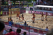 Deutsch: Beachhandball bei den Olympischen Jugendspielen 2018; Tag 3, 10. Oktober 2018; Mädchen, Vorrunde, Gruppe B - Niederlande-Argentinien 2:0 English: Beach handball at the 2018 Summer Youth Olympics at 10 October 2018 – Girls Preliminary Round Group B‎ – Netherlands-Argentina 2:0