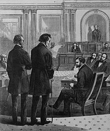 Illustration from Harper's Weekly of Stevens (right) and John A. Bingham formally notifying the Senate of Johnson's impeachment Bingham-Stevens.jpg