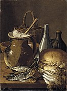 Bodegón con pescados, cebolletas, pan y objetos diversos, de Luis Egidio Meléndez, ca. 1760.