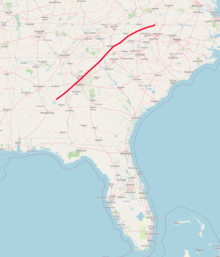 Map displaying the Brevard Fault Zone outlined by a red line as it cuts across from Montgomery, Alabama to the North Carolina and Virginia border.