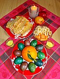 Thumbnail for File:Bulgarian Easter eggs (hand painted) with Italian Easter cake Colomba and Limoncello 2016 (1).jpg