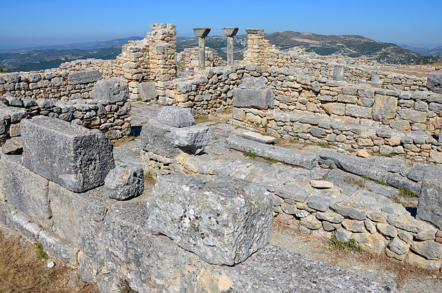 Details of the late antique cathedral complex in Byllis, Albania and the Adriatic sea in the distance.