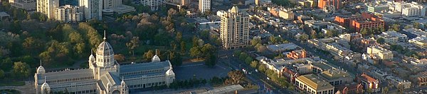 Aerial view looking south over Carlton. The Royal Exhibition Building and Carlton Gardens (left), Rathdowne Street (centre), Drummond Street (right) and Lygon Street (far right) Carlton aerial.jpg