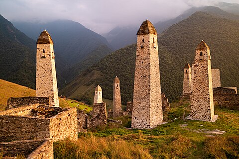 Erzi medieval complex with fortified military towers, Ingushetia, Central Caucasus