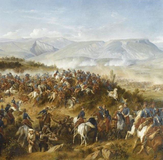 The Chasseurs d'Afrique, led by General d'Allonville, clearing Russian artillery from the Fedyukhin Heights during the battle of Balaclava .