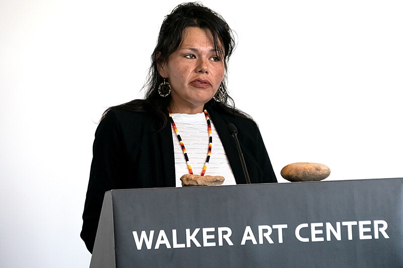 File:Cheyanne St. John, a member of the Lower Sioux Indian Community & Tribal Historical Preservation Office Site Manager read a statement addressing Sam Durant’s sculpture, "Scaffold" at the Walker Art Center 1.jpg