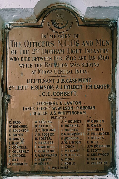 The 2nd Durham Light Infantry installed this at Christ Church, Mhow during their tenure at Mhow between 1892 and 1896