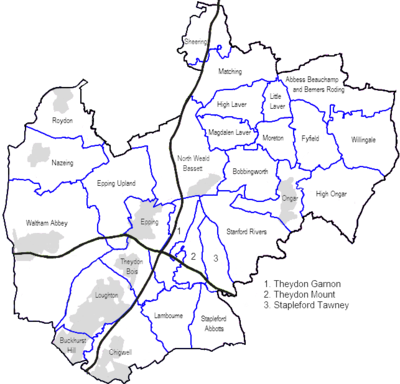 Civil parishes in Epping Forest District. The forest itself today spans from Epping Upland to the Greater London border Civil Parishes in Epping Forest District.png