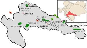 Areas of Green Cadres concentration in Croatia-Slavonia in 1918 (shaded green); locations of peasant (green flags) and soviet republics (red flags) Croatia-Slavonia Green Cadres 1918.png