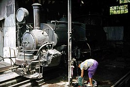 Steam locomotive in a shed