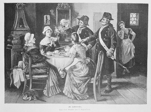 Two standing men in uniform are seen inspecting a group of three women sitting around a table with one men inspecting the coffee pot. One of the women is hiding a pot under the table. A maid is standing nearby looking at the scene.