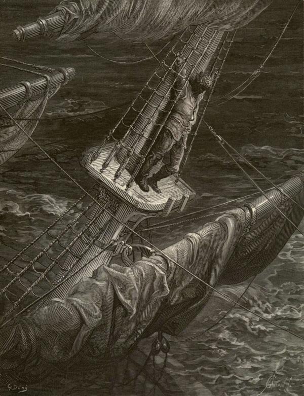 The Mariner up on the mast in a storm. One of the wood-engraved illustrations by Gustave Doré of the poem.