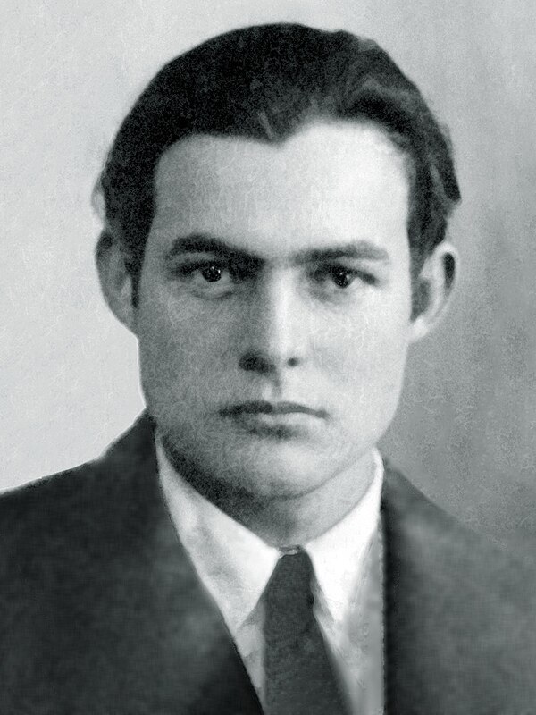 Hemingway's 1923 passport photo; at this time, he lived in Paris with his wife Hadley and worked as a foreign correspondent for the Toronto Star Weekl