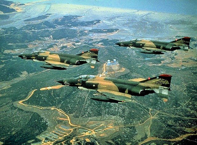 Three 36th Fighter Squadron F-4E Phantom IIs in flight. AF Serial No. 68-0328 and 68-0365 identifiable.