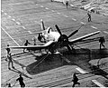 F4U-4 after hitting the barrier on Leyte, 1952