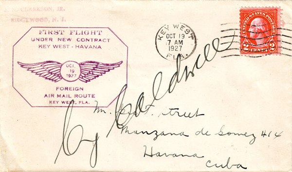 Flown cover autographed by pilot Cy Caldwell and carried from Key West, Florida, to Havana, Cuba, on the first contract airmail flight operated by Pan