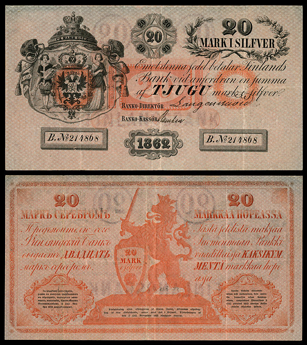 Mk 20 banknote issued in 1862 for the Grand Duchy of Finland. The banknote's obverse depicts the coat of arms of Finland on a Russian double-headed eagle, and was personally signed by the director and the cashier of the Bank of Finland. The text on the obverse is in Swedish, whereas the reverse is primarily in Russian and Finnish.