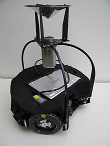 A robot in the RoboCup Midsize league (2005), equipped with an omnidirectional camera. FU-Fighters RoboCup Midsize Robot 2005.jpg