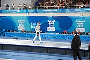 Deutsch: Fechten bei den Olympischen Jugend-Sommerspielen 2018: Tag 1, 7. Oktober 2018, Jungen, Säbel, Finale - Krisztián Rabb (HUN) - Hyun Jun (KOR) (USA) 15:13 English: Fencing at the 2018 Summer Youth Olympics at 7 October 2018 – Boys' sabre Gold medal match – Krisztián Rabb (HUN) Vs Hyun Jun (KOR) (USA) 15:13