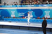 Deutsch: Fechten bei den Olympischen Jugend-Sommerspielen 2018: Tag 1, 7. Oktober 2018, Jungen, Säbel, Finale - Krisztián Rabb (HUN) - Hyun Jun (KOR) (USA) 15:13 English: Fencing at the 2018 Summer Youth Olympics at 7 October 2018 – Boys' sabre Gold medal match – Krisztián Rabb (HUN) Vs Hyun Jun (KOR) (USA) 15:13