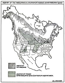 Map from Quill and Beadwork of the Western Sioux (Indian Handcraft Series, 1940) showing "habitat of the porcupine and location of Indians using porcupine quills" Fig. 1 HABITAT OF THE PORCUPINE & LOCATION OF INDIANS USING PORCUPINE QUILLS.jpg