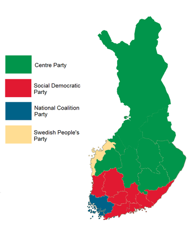 Results by province .

Centre Party
Social Democratic Party
National Coalition Party
Swedish People's Party Finnish parliamentary election results by province, 2003.png