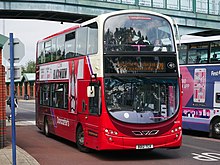 Wright Eclipse Gemini 2 bodied Volvo B9TL in First Doncaster livery at Meadowhall Interchange in June 2021 First Doncaster 36235 - BD12 TCX.jpg