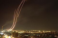 Image 2Patriot missiles launched to intercept an Iraqi Scud over Tel Aviv during the Gulf War (from History of Israel)