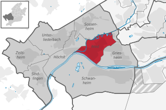 Carte situant le quartier (en rouge) au sein l'arrondissement (en gris foncé) et du reste de la ville (en gris clair)