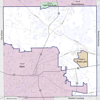 Map showing the boundaries of Franklin Township prior to the dissolution of the village of Brady Lake in 2017 and a 2022 annexation from Kent, with selected streets labeled Franklin Township map.png