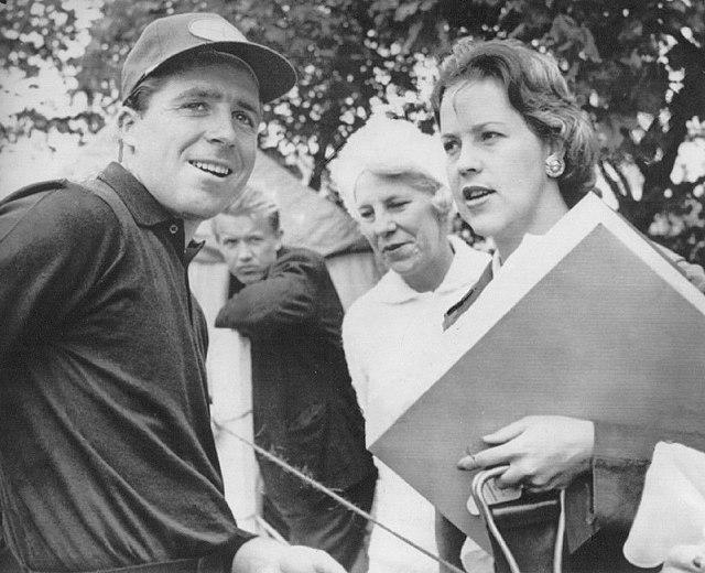 Player with his wife (holding object) and her mother, who were his dedicated supporters at golf tournaments, 1961