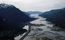 Aerial view of Gastineau Channel and Egan Drive facing south, showing most of the part of the highway which is between downtown Juneau and Lemon Creek Gastineau Channel aerial.jpg