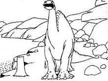 Gertie il dinosauro si trova tra un lago e una grotta.