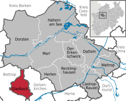 Läget för staden Gladbeck i Kreis Recklinghausen